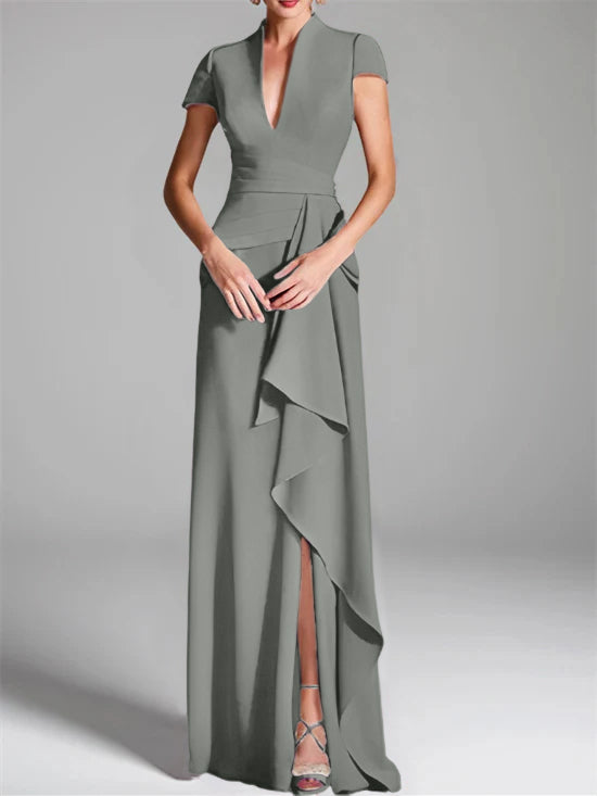 Robe de Mère de la Mariée Fourreau/Colonne à Col en V et Manches Courtes, Longueur Au Sol, avec Fente Sur le Côté