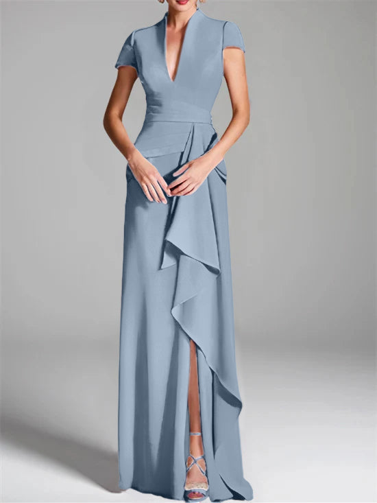 Robe de Mère de la Mariée Fourreau/Colonne à Col en V et Manches Courtes, Longueur Au Sol, avec Fente Sur le Côté