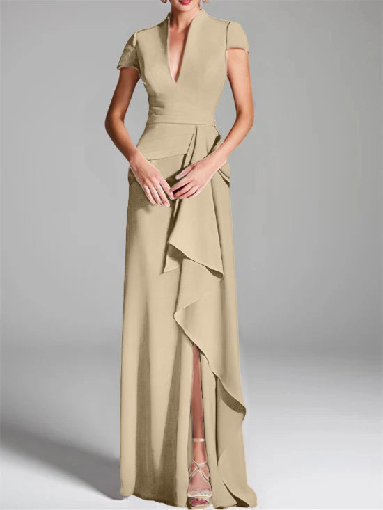 Robe de Mère de la Mariée Fourreau/Colonne à Col en V et Manches Courtes, Longueur Au Sol, avec Fente Sur le Côté