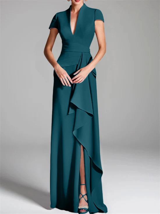 Robe de Mère de la Mariée Fourreau/Colonne à Col en V et Manches Courtes, Longueur Au Sol, avec Fente Sur le Côté