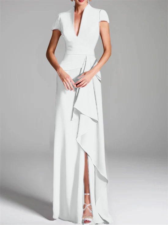 Robe de Mère de la Mariée Fourreau/Colonne à Col en V et Manches Courtes, Longueur Au Sol, avec Fente Sur le Côté
