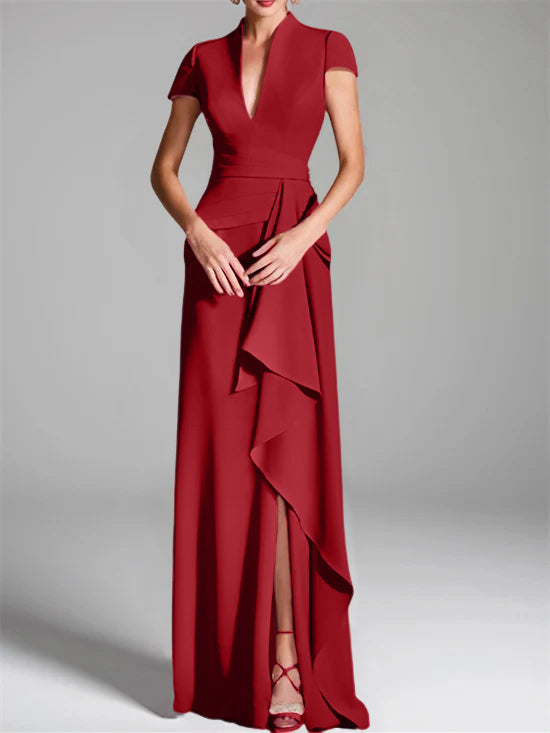 Robe de Mère de la Mariée Fourreau/Colonne à Col en V et Manches Courtes, Longueur Au Sol, avec Fente Sur le Côté
