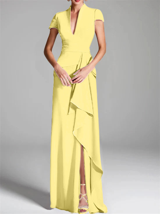 Robe de Mère de la Mariée Fourreau/Colonne à Col en V et Manches Courtes, Longueur Au Sol, avec Fente Sur le Côté