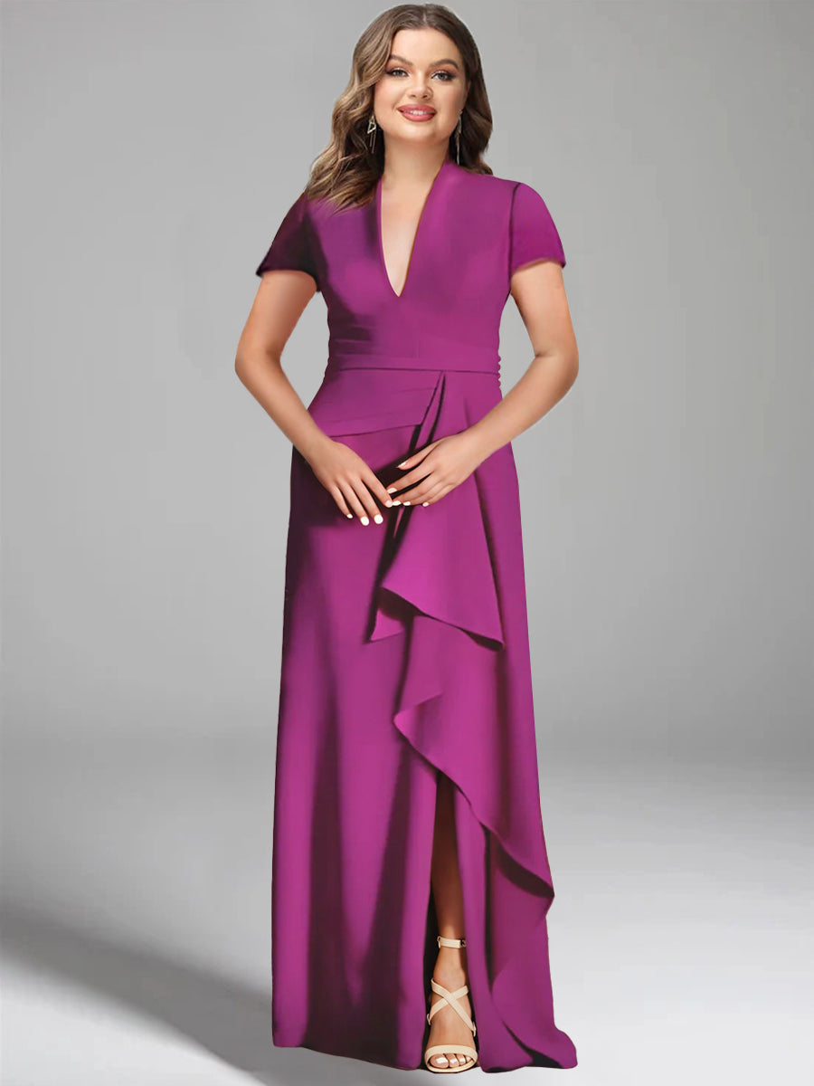Robe de Mère de la Mariée Fourreau/Colonne à Col en V et Manches Courtes, Longueur Au Sol, avec Fente Sur le Côté