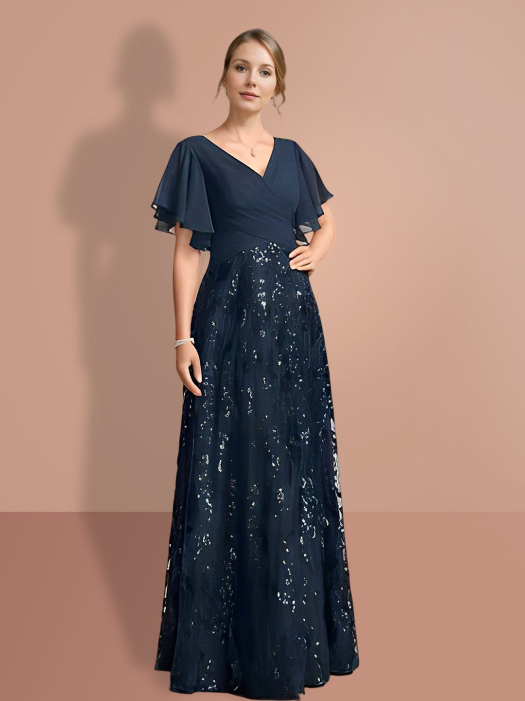 Robe de Mère de la Mariée Coupe A-Line/Princess à Col en V et Manches Courtes, Longueur Au Sol, avec Paillettes
