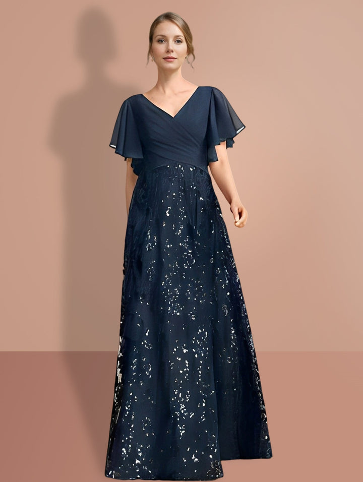 Robe de Mère de la Mariée Coupe A-Line/Princess à Col en V et Manches Courtes, Longueur Au Sol, avec Paillettes