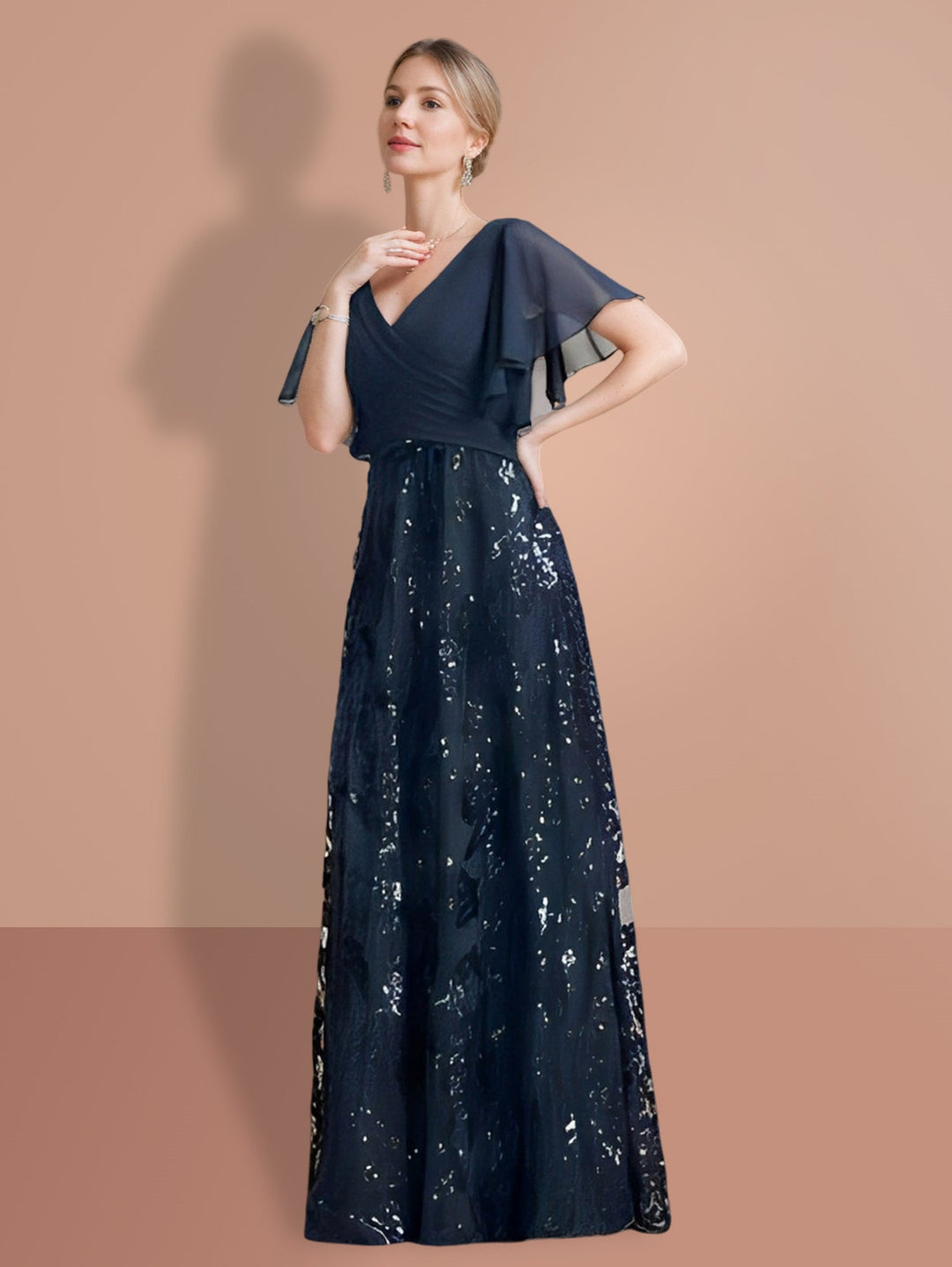 Robe de Mère de la Mariée Coupe A-Line/Princess à Col en V et Manches Courtes, Longueur Au Sol, avec Paillettes