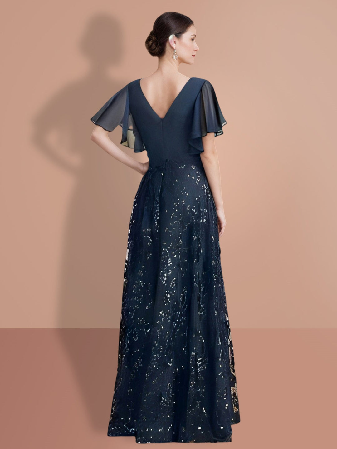 Robe de Mère de la Mariée Coupe A-Line/Princess à Col en V et Manches Courtes, Longueur Au Sol, avec Paillettes