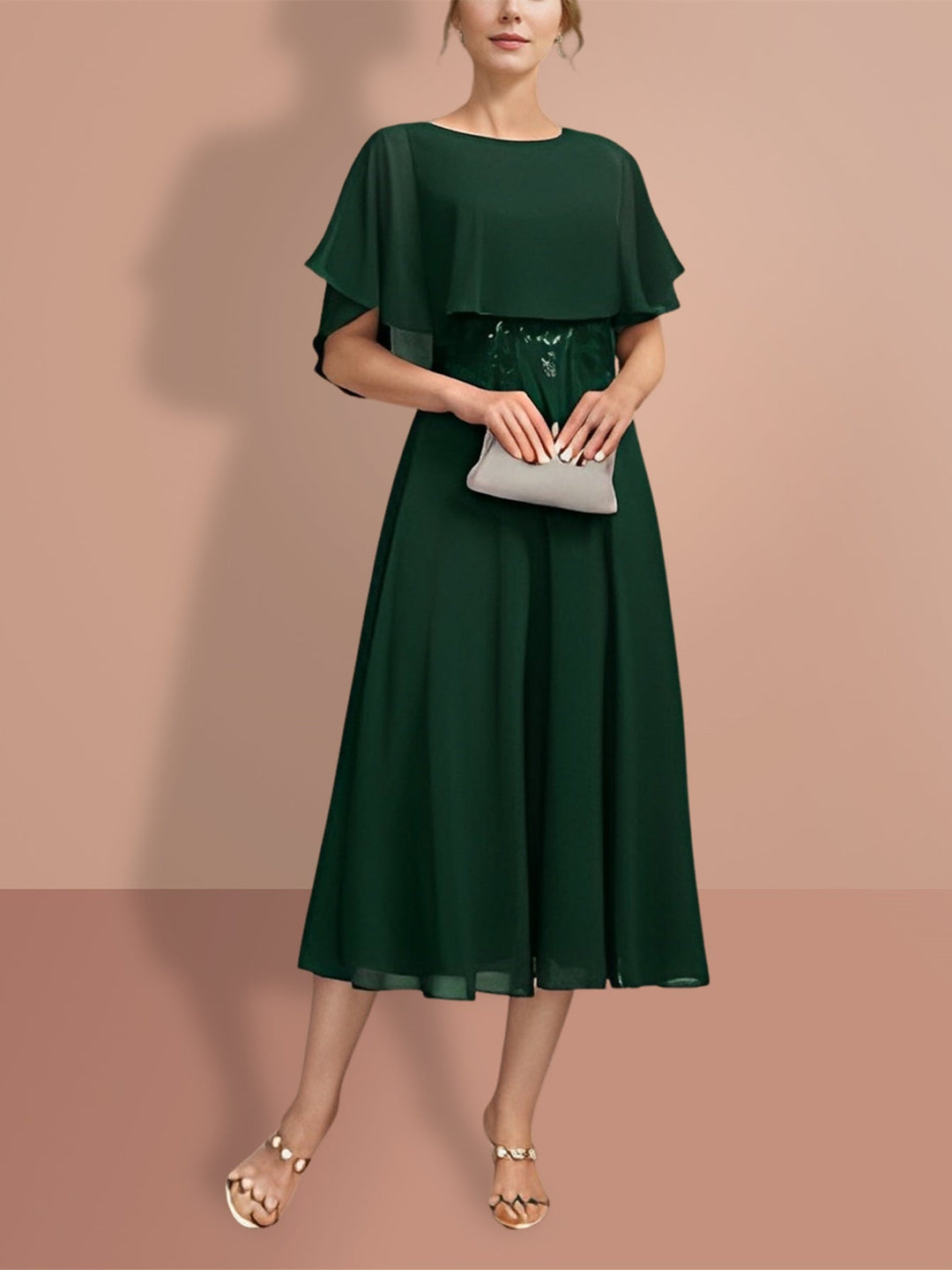 Robes de Mère de la Mariée Coupe A-Line/Princess à Manches Courtes et Col Bijou