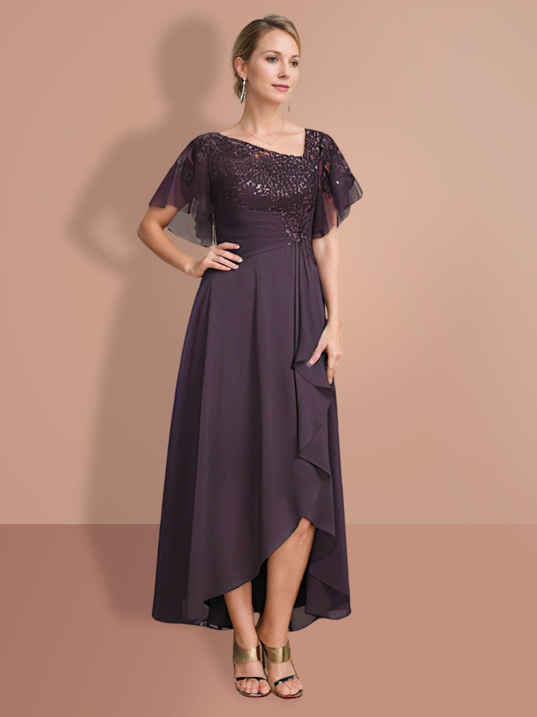 Robes de Mère de la Mariée Asymétriques à Manches Courtes de Forme A-Line/Princess