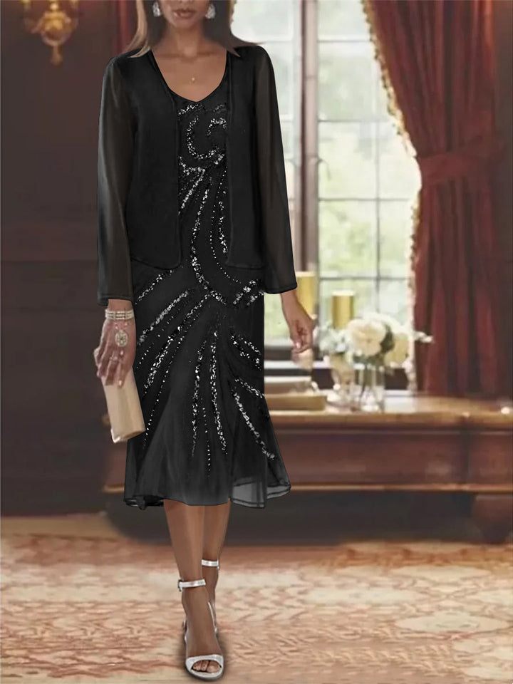 Robe de Mère de la Mariée en Mousseline 2 Pièces à Col en V et Longueur Genou avec Veste et Paillettes