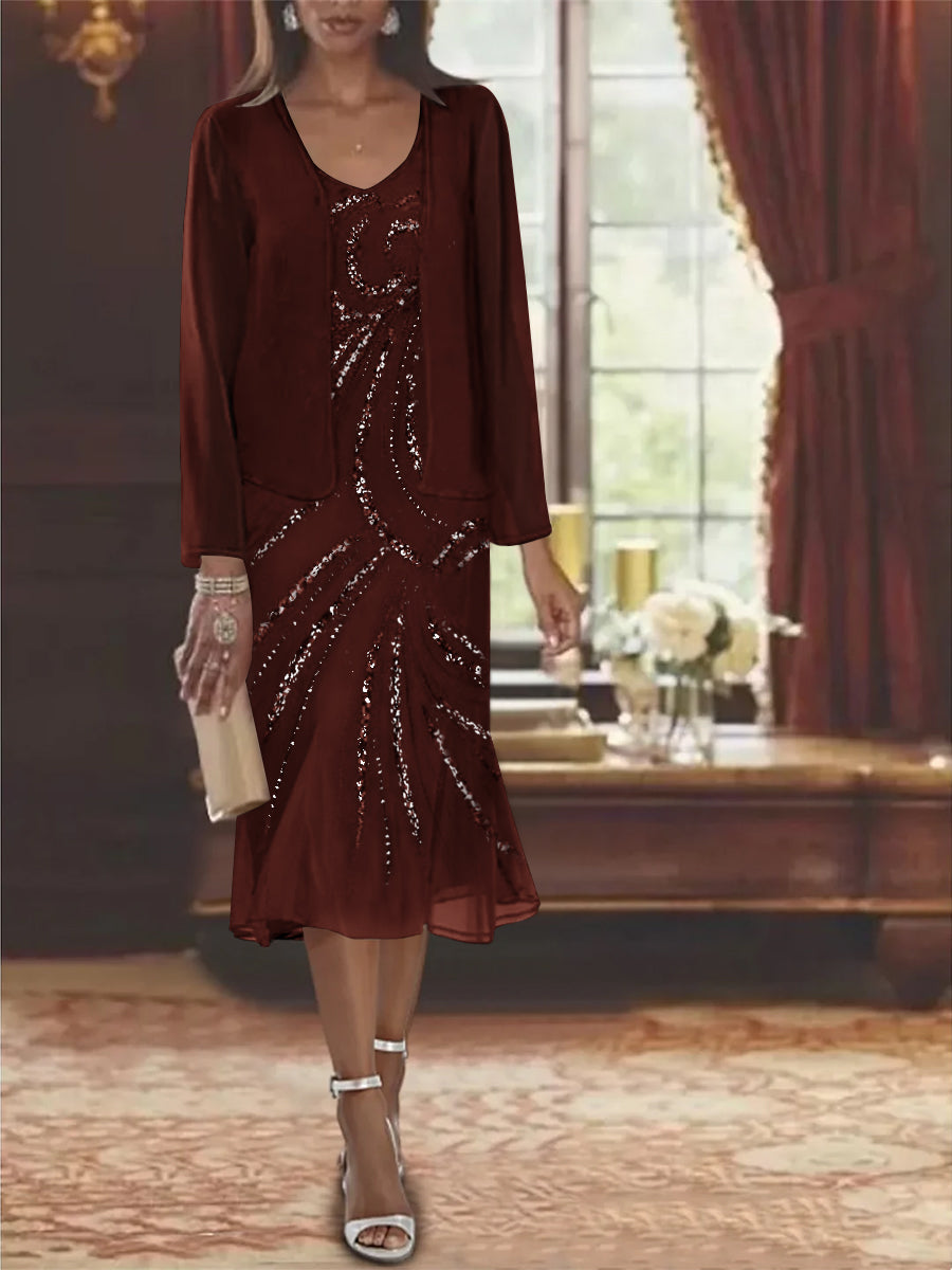 Robe de Mère de la Mariée en Mousseline 2 Pièces à Col en V et Longueur Genou avec Veste et Paillettes