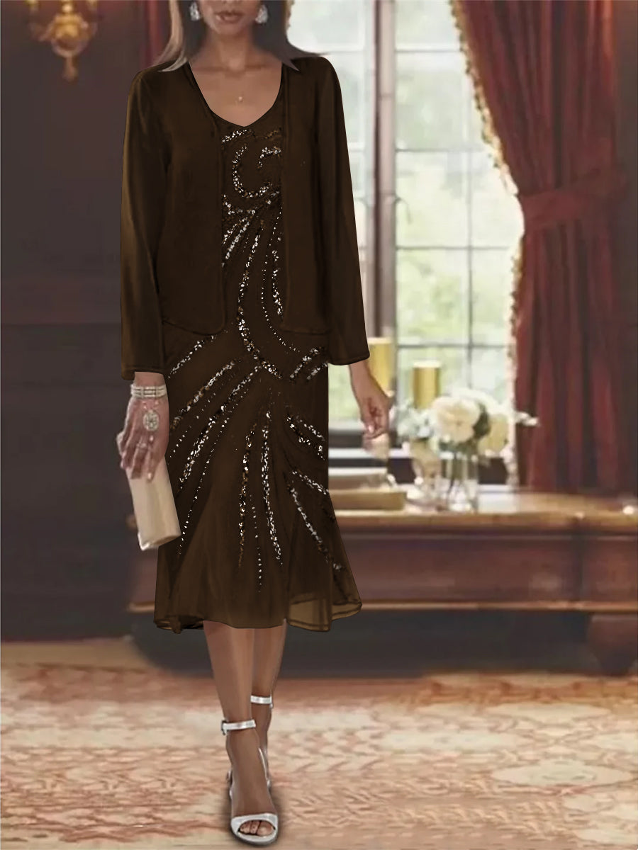 Robe de Mère de la Mariée en Mousseline 2 Pièces à Col en V et Longueur Genou avec Veste et Paillettes