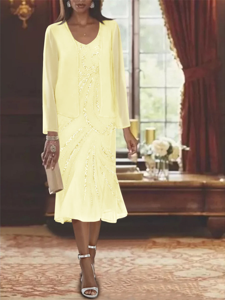 Robe de Mère de la Mariée en Mousseline 2 Pièces à Col en V et Longueur Genou avec Veste et Paillettes