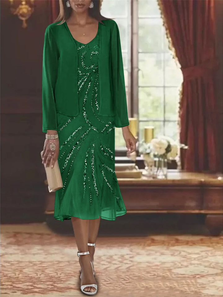 Robe de Mère de la Mariée en Mousseline 2 Pièces à Col en V et Longueur Genou avec Veste et Paillettes