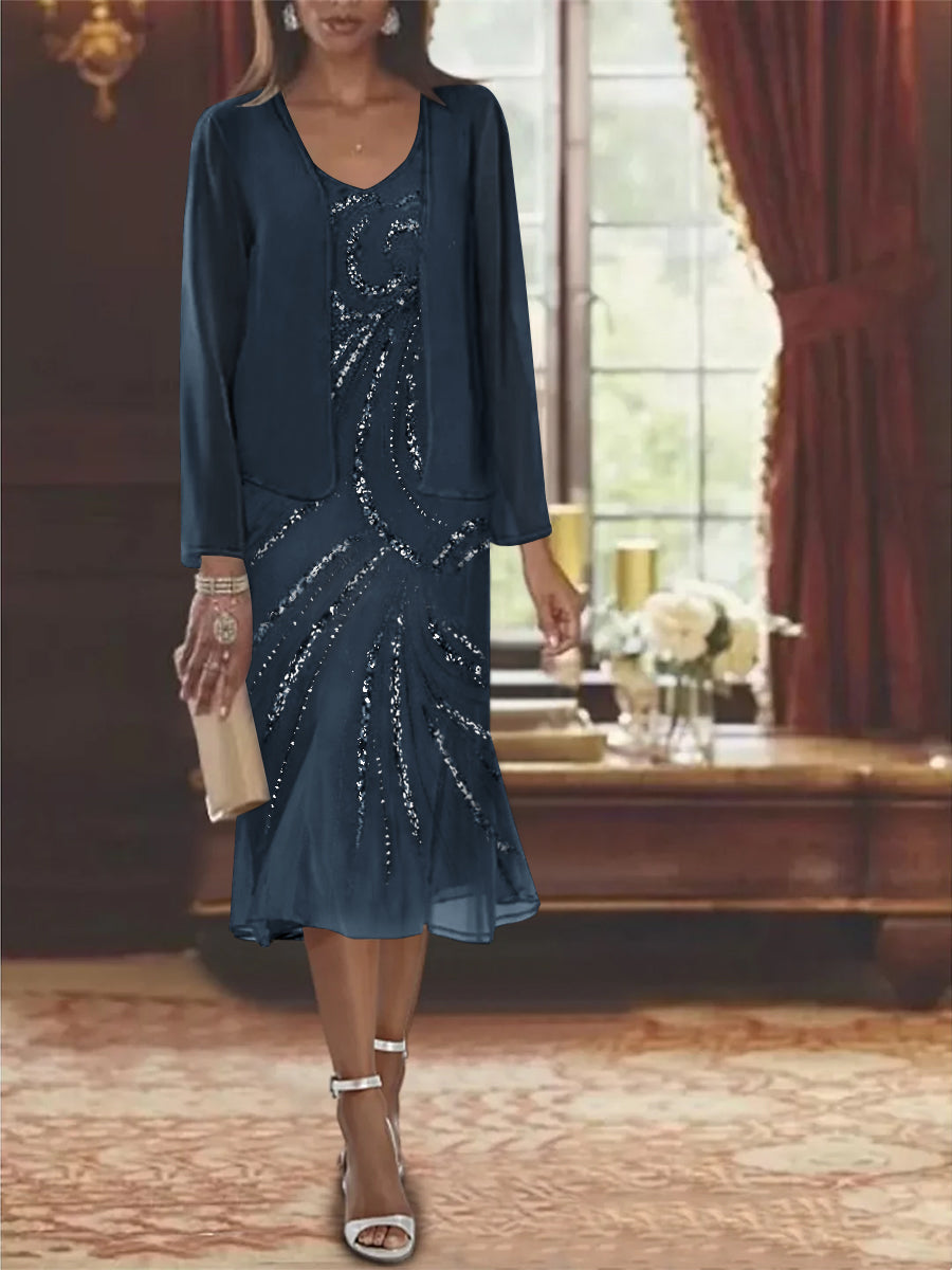 Robe de Mère de la Mariée en Mousseline 2 Pièces à Col en V et Longueur Genou avec Veste et Paillettes