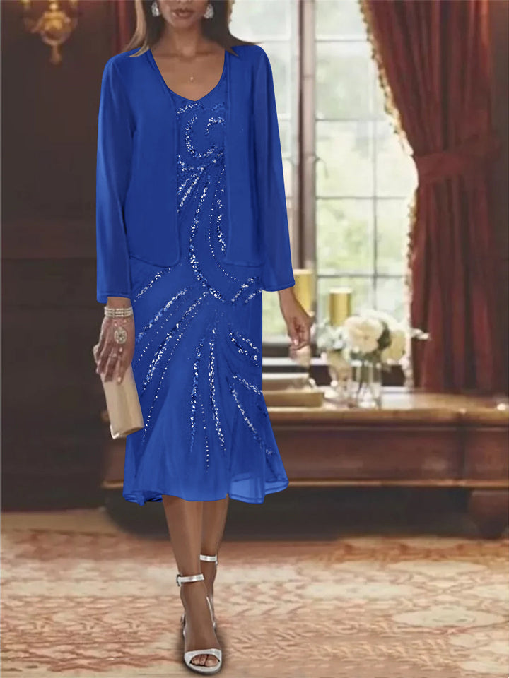 Robe de Mère de la Mariée en Mousseline 2 Pièces à Col en V et Longueur Genou avec Veste et Paillettes