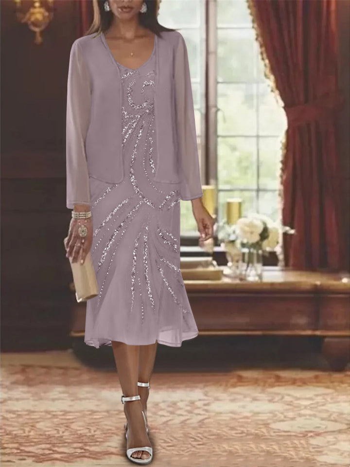 Robe de Mère de la Mariée en Mousseline 2 Pièces à Col en V et Longueur Genou avec Veste et Paillettes