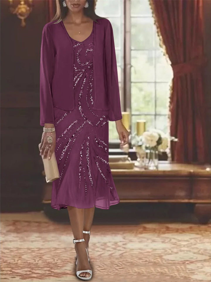 Robe de Mère de la Mariée en Mousseline 2 Pièces à Col en V et Longueur Genou avec Veste et Paillettes