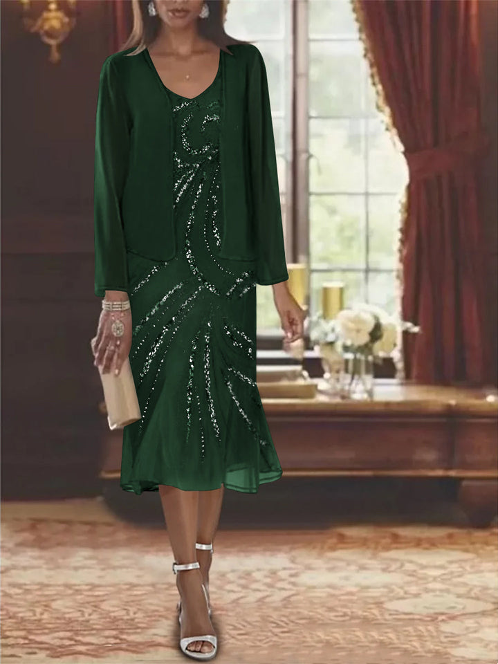 Robe de Mère de la Mariée en Mousseline 2 Pièces à Col en V et Longueur Genou avec Veste et Paillettes