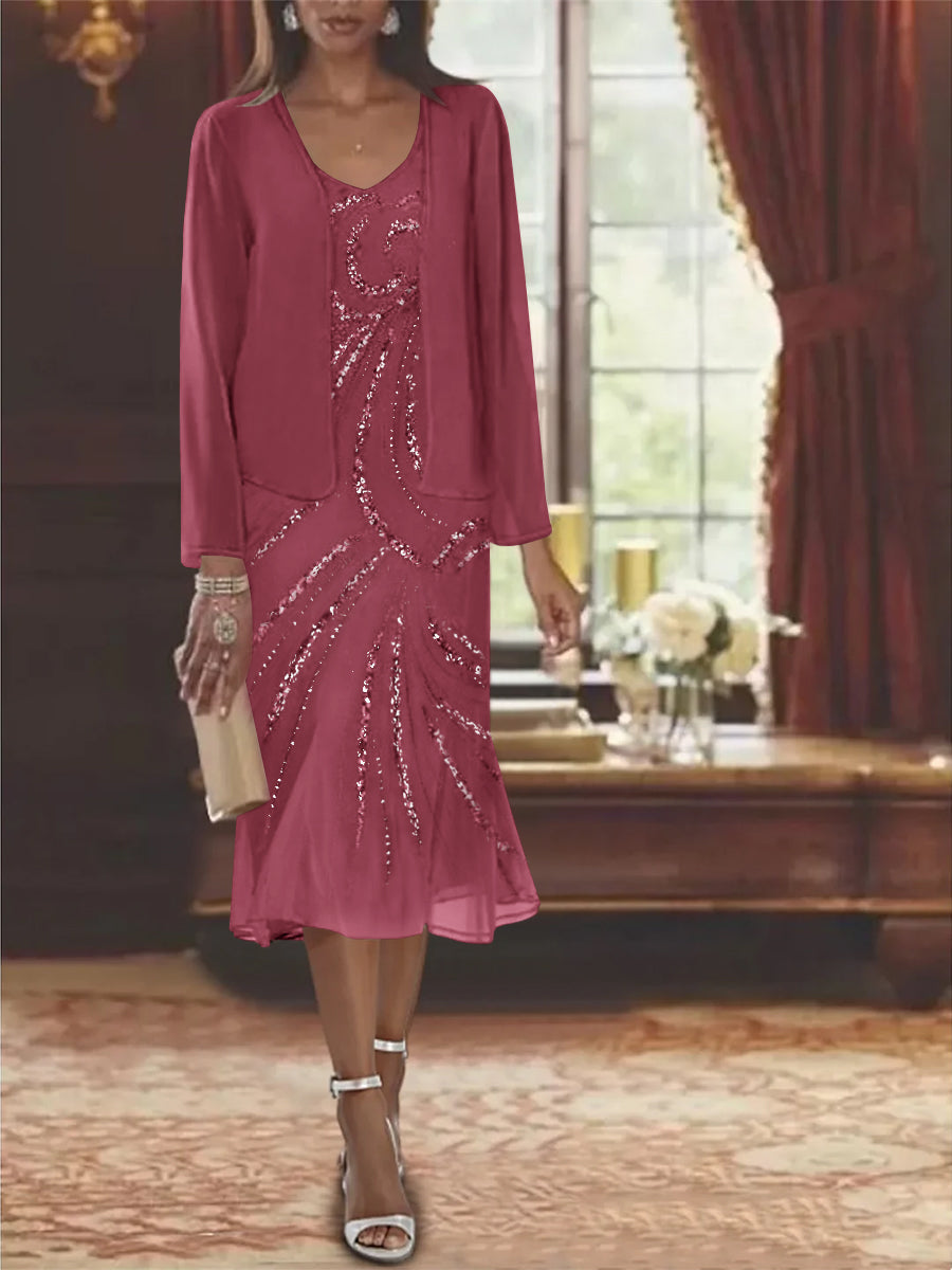 Robe de Mère de la Mariée en Mousseline 2 Pièces à Col en V et Longueur Genou avec Veste et Paillettes