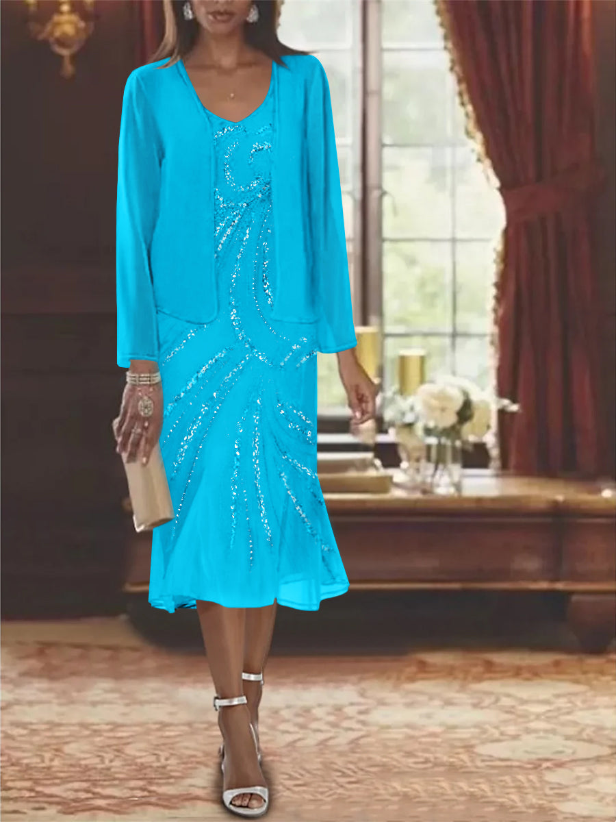 Robe de Mère de la Mariée en Mousseline 2 Pièces à Col en V et Longueur Genou avec Veste et Paillettes