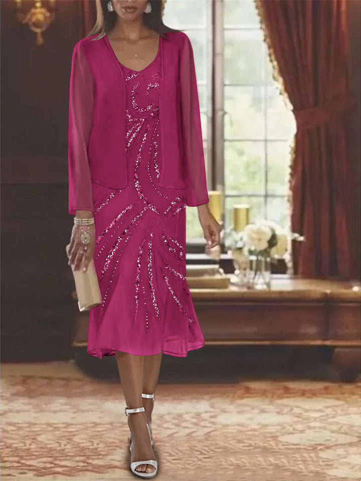 Robe de Mère de la Mariée en Mousseline 2 Pièces à Col en V et Longueur Genou avec Veste et Paillettes