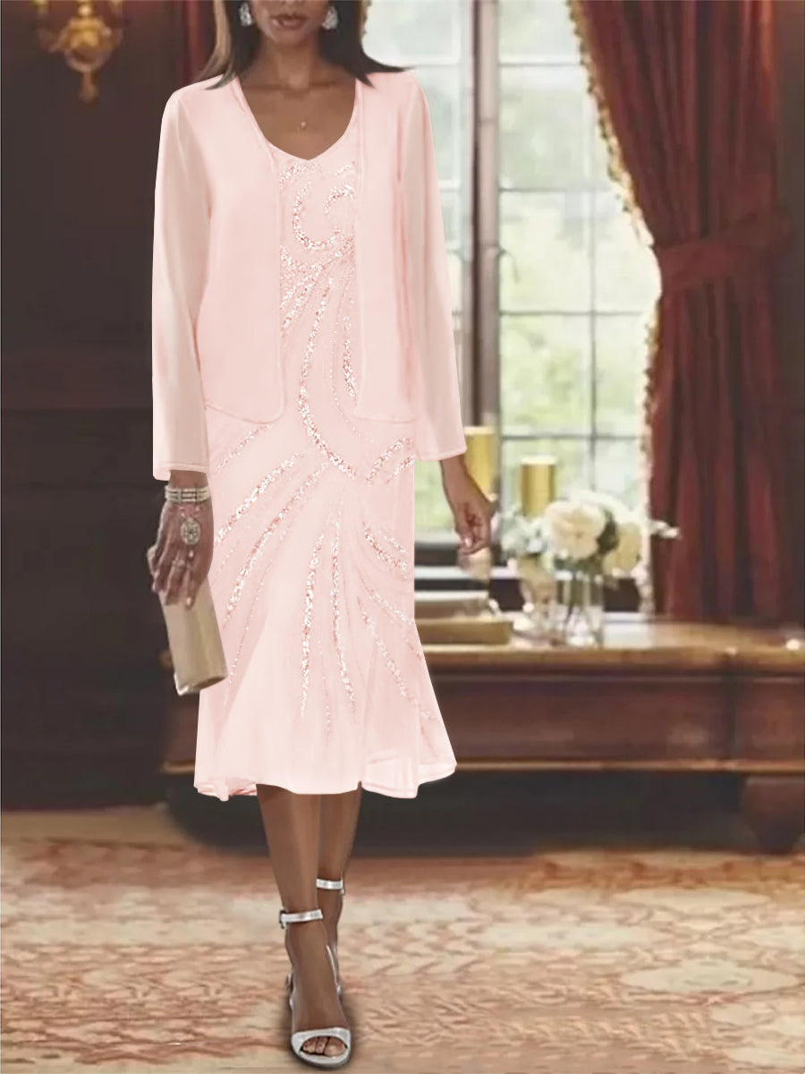 Robe de Mère de la Mariée en Mousseline 2 Pièces à Col en V et Longueur Genou avec Veste et Paillettes