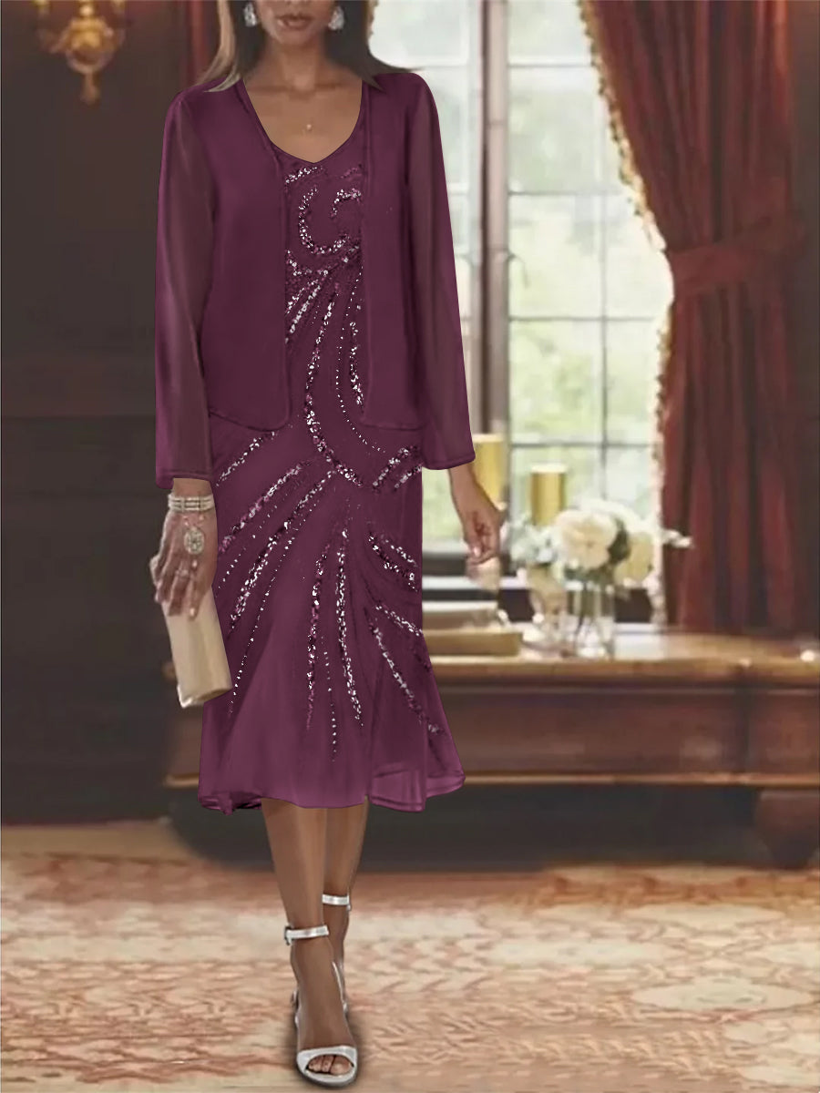 Robe de Mère de la Mariée en Mousseline 2 Pièces à Col en V et Longueur Genou avec Veste et Paillettes