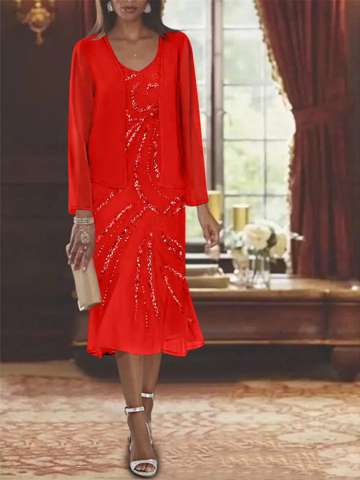 Robe de Mère de la Mariée en Mousseline 2 Pièces à Col en V et Longueur Genou avec Veste et Paillettes
