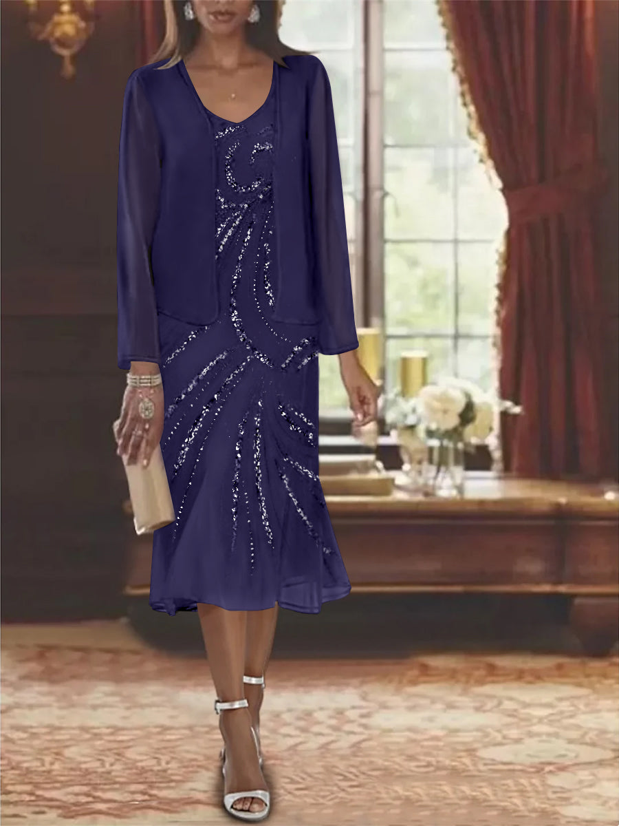 Robe de Mère de la Mariée en Mousseline 2 Pièces à Col en V et Longueur Genou avec Veste et Paillettes