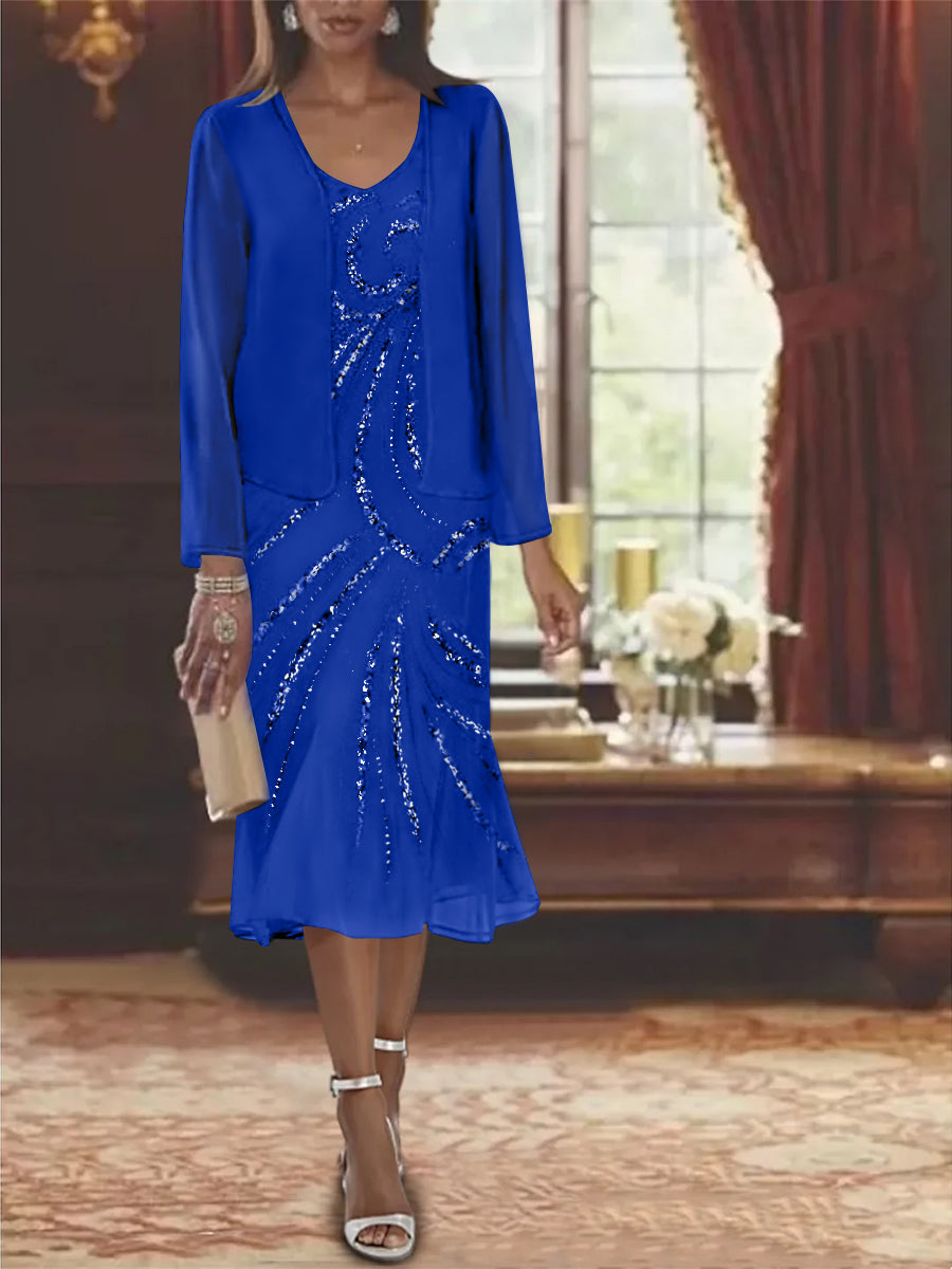 Robe de Mère de la Mariée en Mousseline 2 Pièces à Col en V et Longueur Genou avec Veste et Paillettes