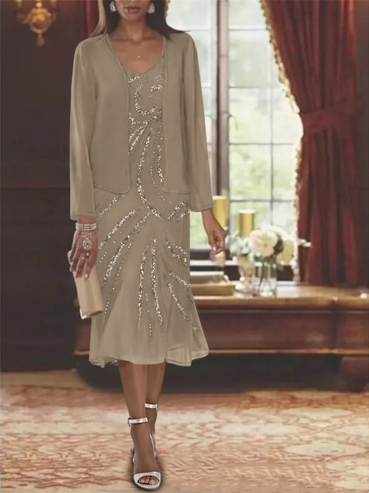 Robe de Mère de la Mariée en Mousseline 2 Pièces à Col en V et Longueur Genou avec Veste et Paillettes
