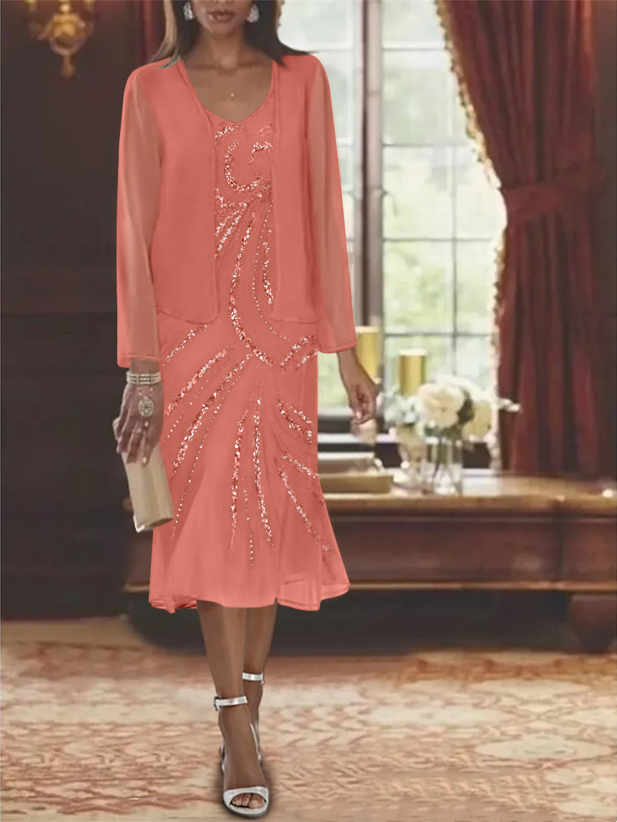 Robe de Mère de la Mariée en Mousseline 2 Pièces à Col en V et Longueur Genou avec Veste et Paillettes