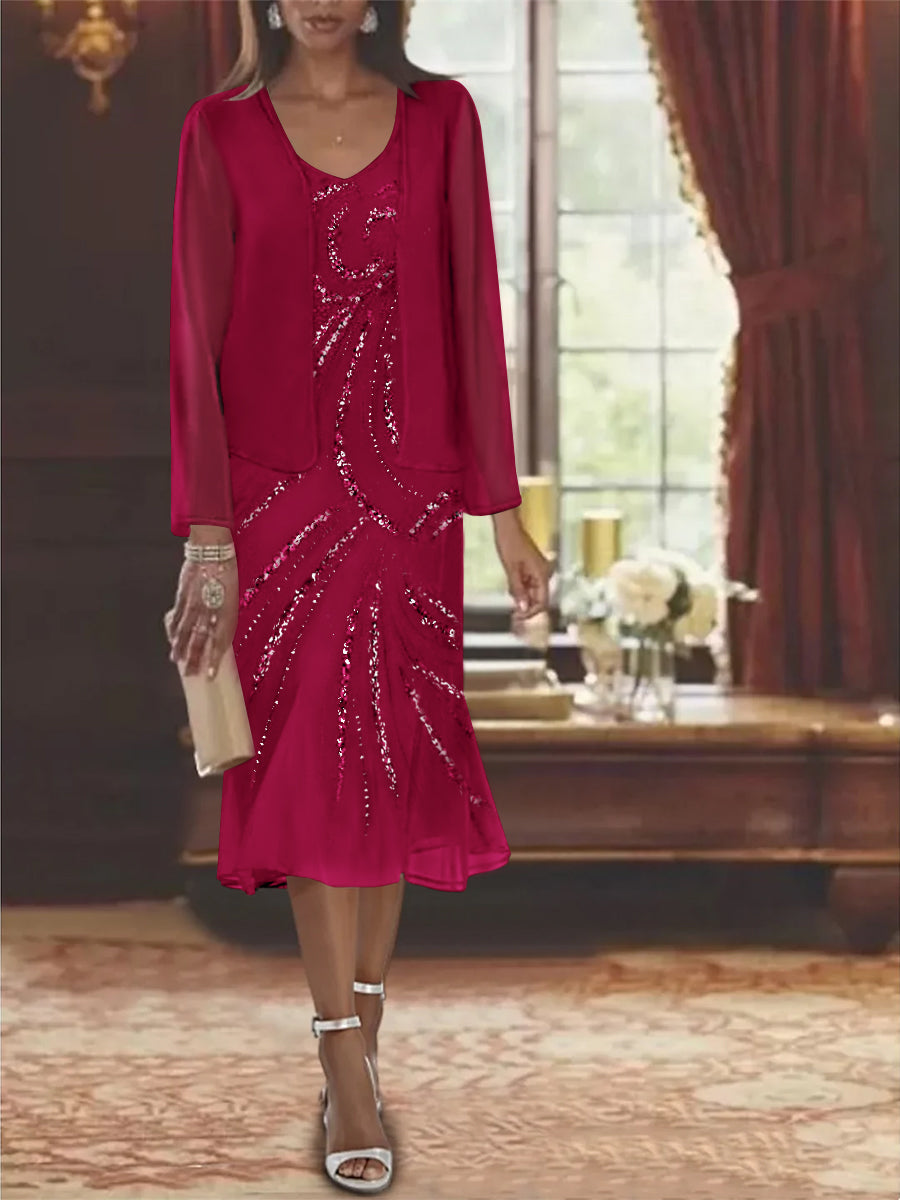 Robe de Mère de la Mariée en Mousseline 2 Pièces à Col en V et Longueur Genou avec Veste et Paillettes