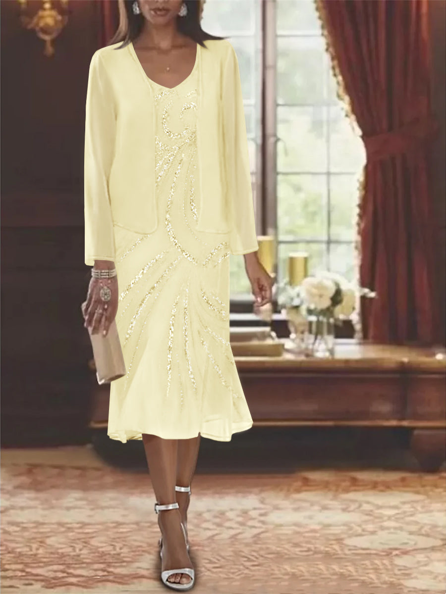 Robe de Mère de la Mariée en Mousseline 2 Pièces à Col en V et Longueur Genou avec Veste et Paillettes