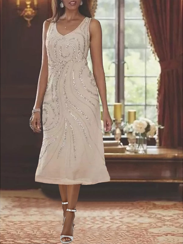 Robe de Mère de la Mariée Fourreau/Colonne à Col en V et Manches Longues, Longueur Thé, avec Veste et Paillettes