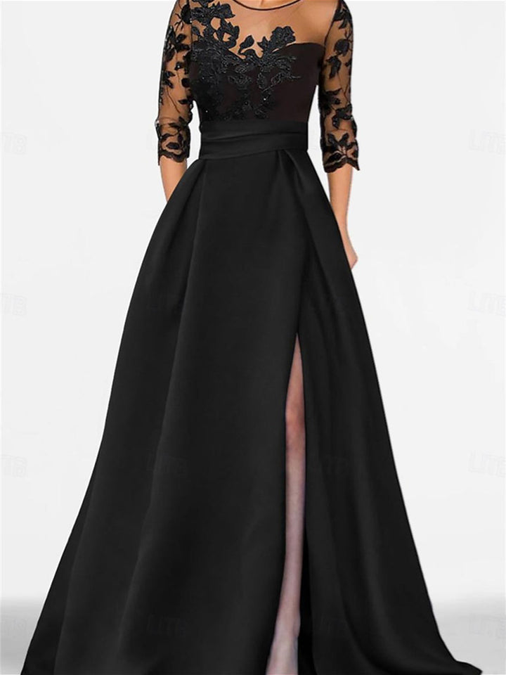 Robe de Mère de la Mariée Coupe A-Line/Princess, Manches 3/4, Longueur Au Sol, avec Dentelle et Fente Sur le Côté