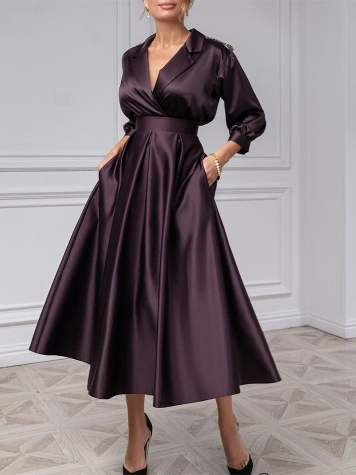 Robe de Mère de la Mariée Coupe A-Line/Princess à Col en V et Manches 3/4 avec Perles