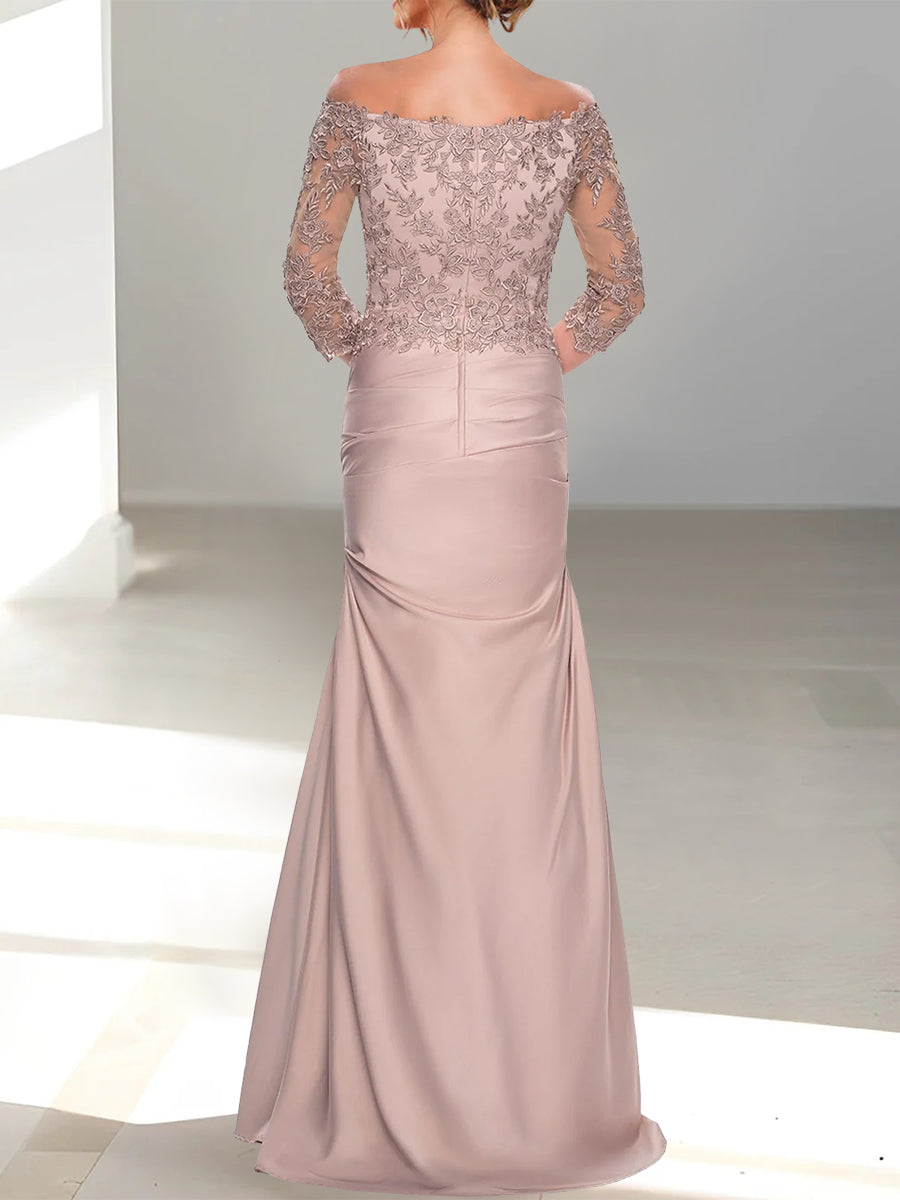 Robe de Mère de la Mariée Trompette/Sirène à Épaules Dénudées et Manches 3/4 avec Perles