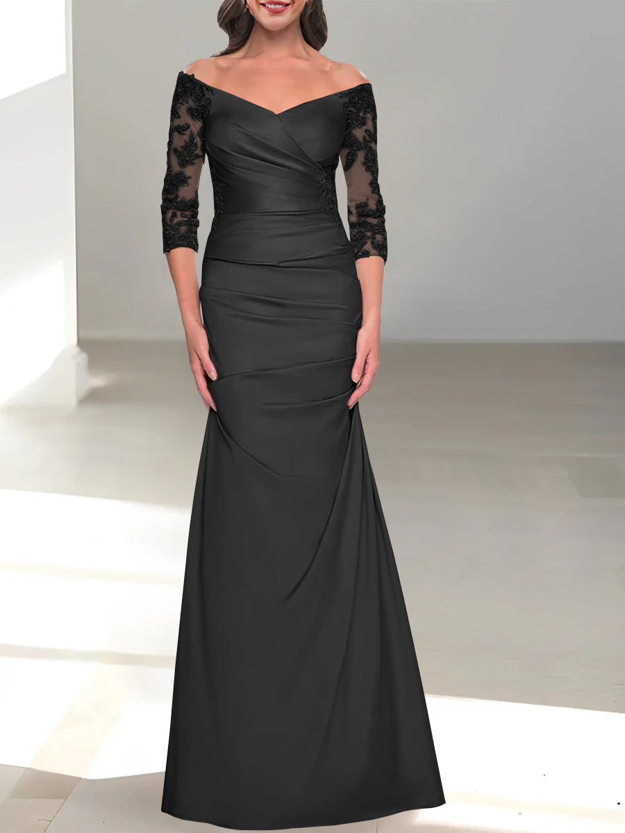 Robe de Mère de la Mariée Trompette/Sirène à Épaules Dénudées et Manches 3/4 avec Perles