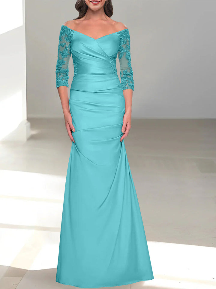 Robe de Mère de la Mariée Trompette/Sirène à Épaules Dénudées et Manches 3/4 avec Perles
