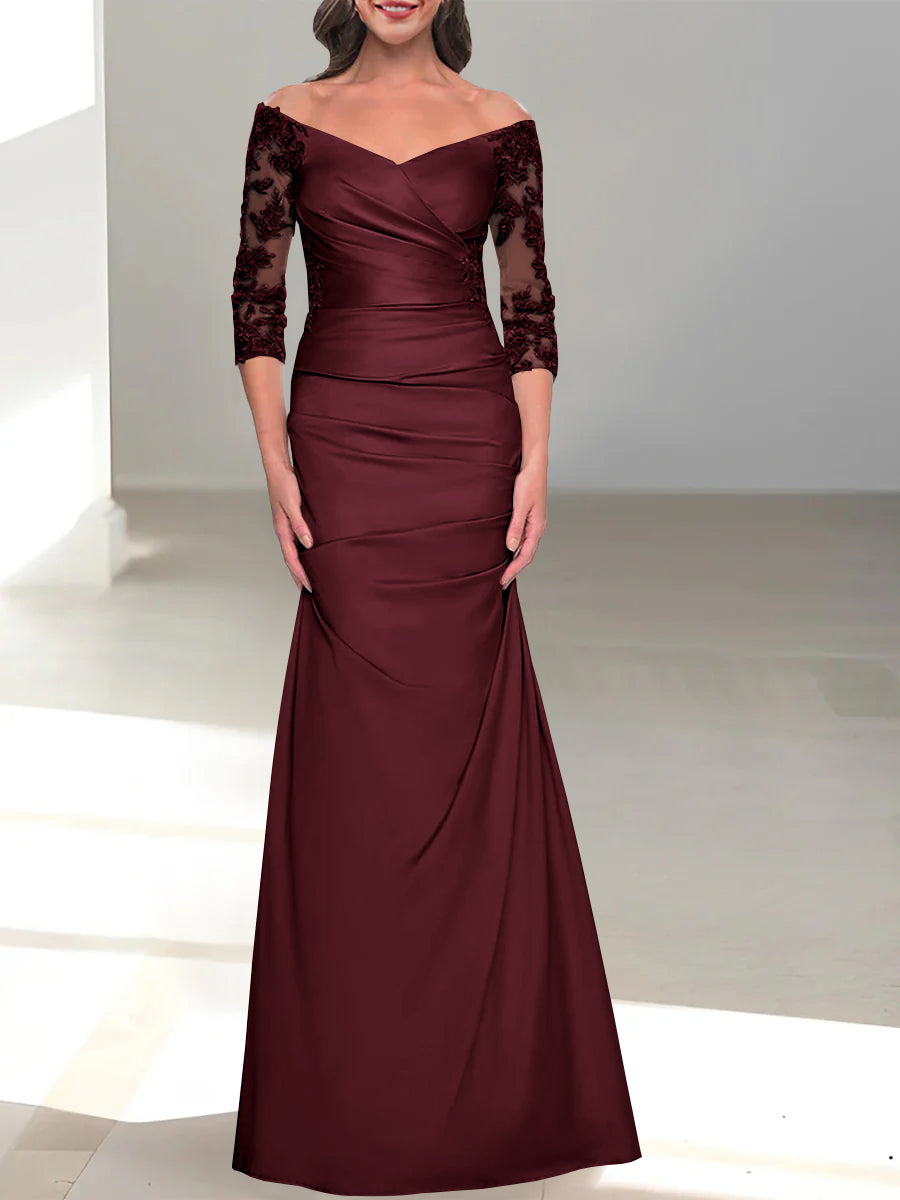 Robe de Mère de la Mariée Trompette/Sirène à Épaules Dénudées et Manches 3/4 avec Perles