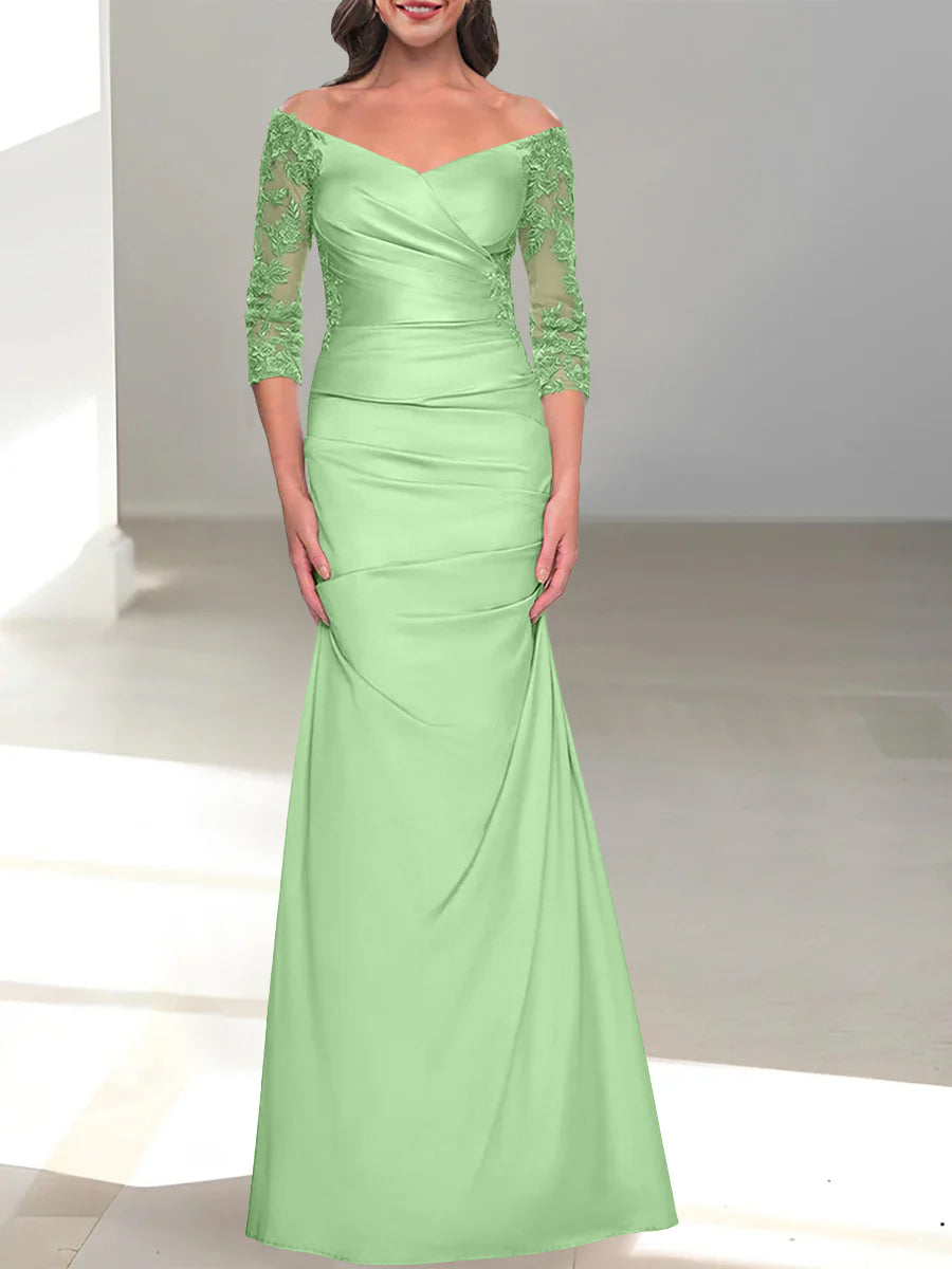 Robe de Mère de la Mariée Trompette/Sirène à Épaules Dénudées et Manches 3/4 avec Perles