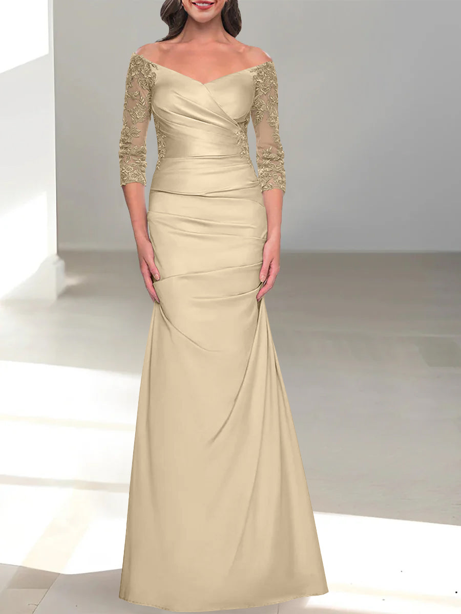 Robe de Mère de la Mariée Trompette/Sirène à Épaules Dénudées et Manches 3/4 avec Perles