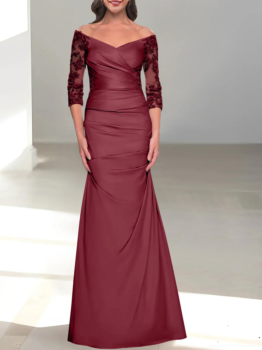 Robe de Mère de la Mariée Trompette/Sirène à Épaules Dénudées et Manches 3/4 avec Perles