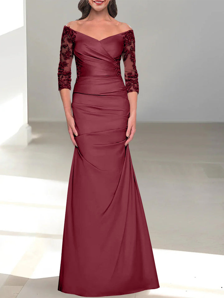 Robe de Mère de la Mariée Trompette/Sirène à Épaules Dénudées et Manches 3/4 avec Perles