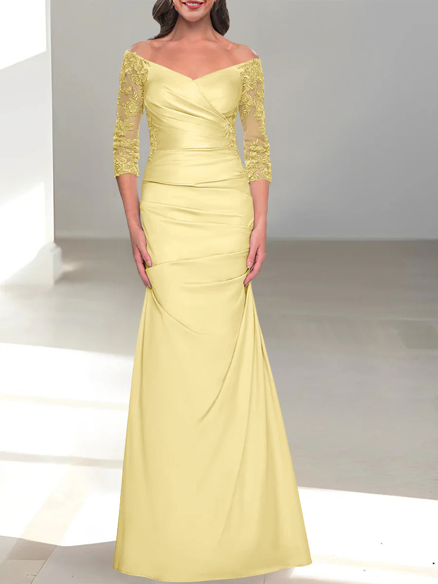 Robe de Mère de la Mariée Trompette/Sirène à Épaules Dénudées et Manches 3/4 avec Perles