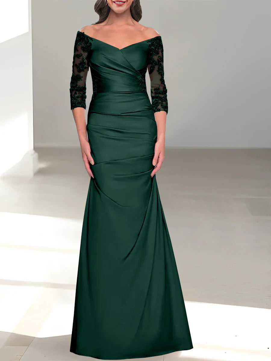 Robe de Mère de la Mariée Trompette/Sirène à Épaules Dénudées et Manches 3/4 avec Perles