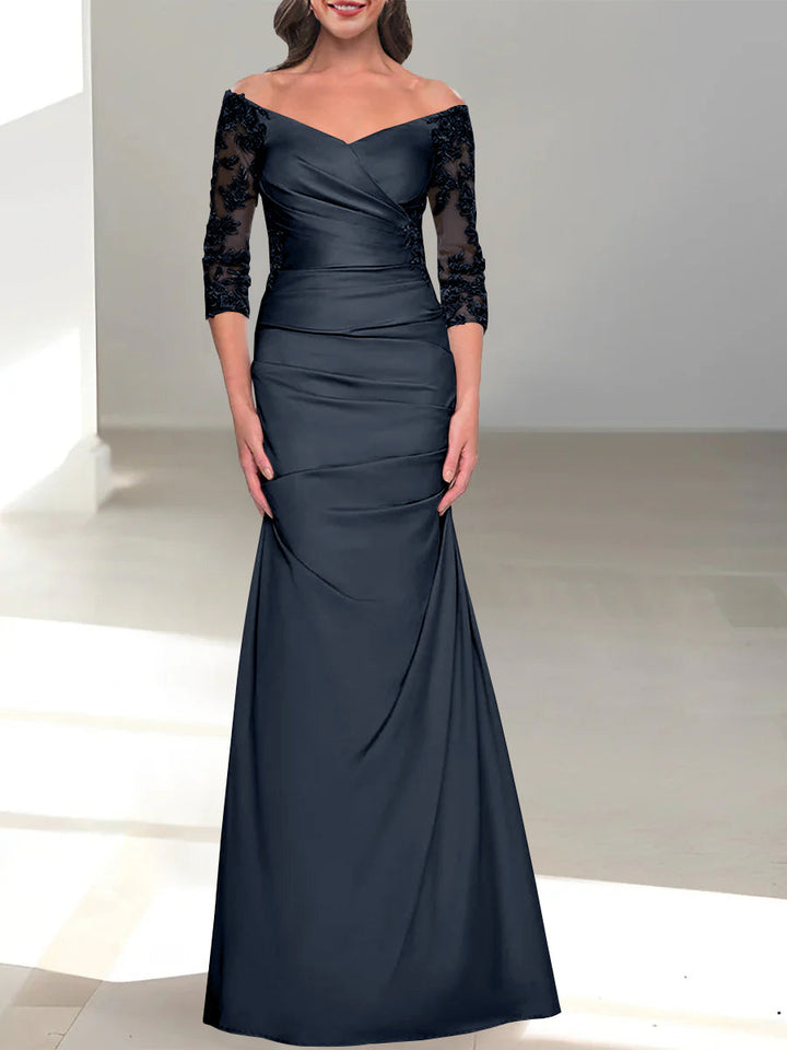 Robe de Mère de la Mariée Trompette/Sirène à Épaules Dénudées et Manches 3/4 avec Perles